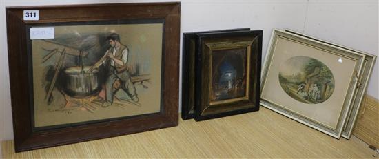 Paul Huguenin, pastel, man stirring a cauldron, signed and dated 13, 9.25 x 12in., with a pair of Baxter prints